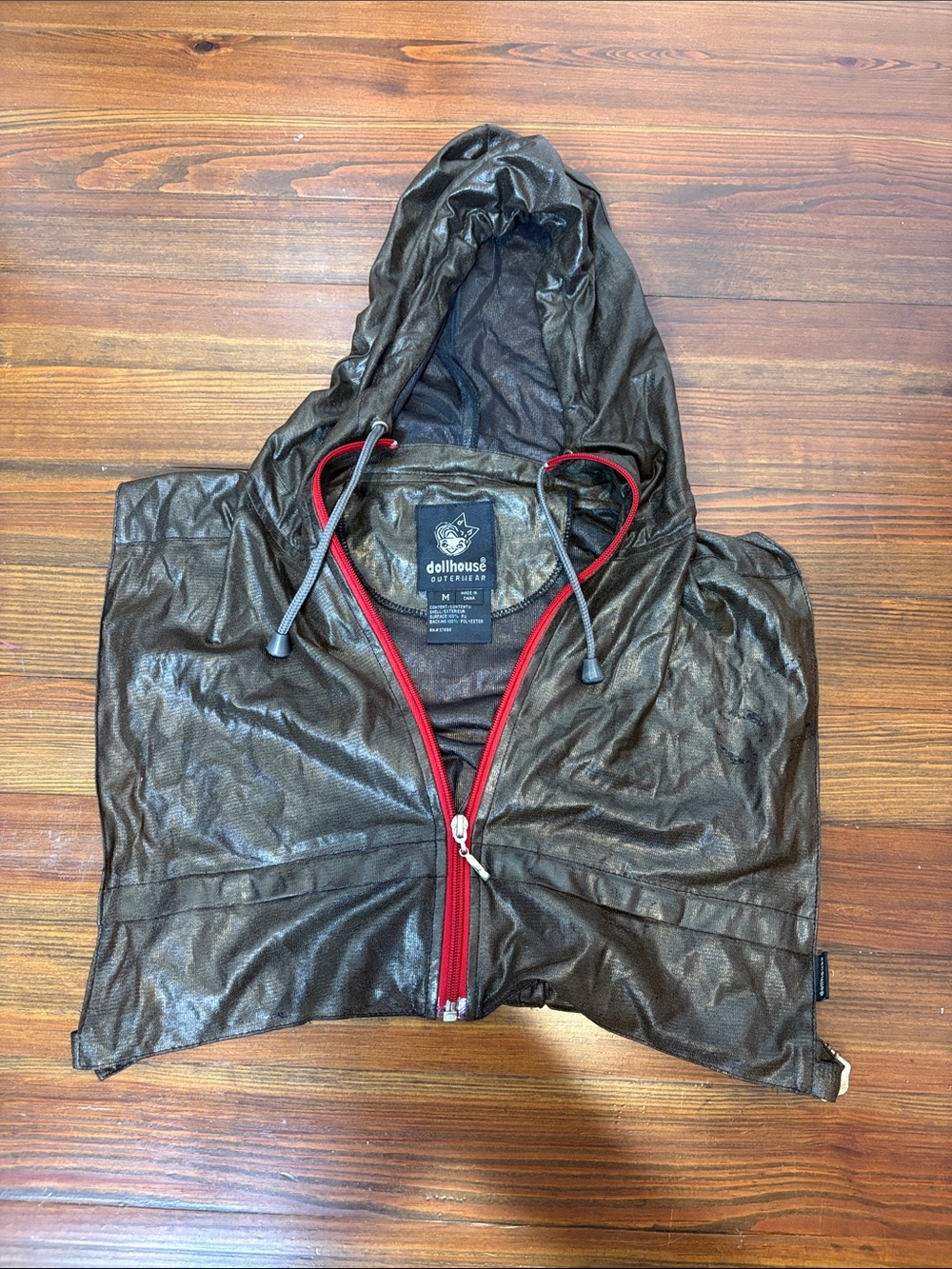 Dollhouse Metallic Black Hooded Windbreaker with Red Trim